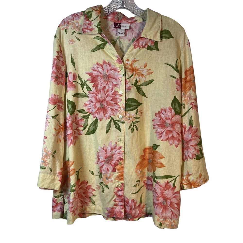 JM COLLECTION Sz 16 Top 100% Linen V-Neck Yellow Floral Dahlia Lagenlook Button